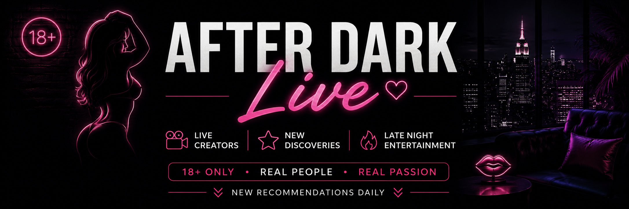 After Dark Live neon lounge with an 18 plus notice
